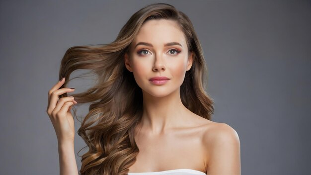 Beautiful young woman with long hair natural fashion make up cosmetic spa salon isolated on gray