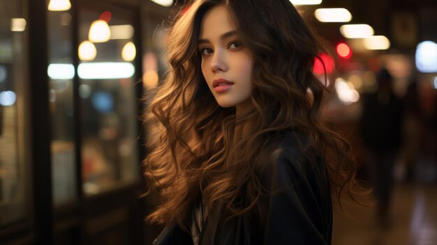 A beautiful young woman with long hair standing in a dark alleyway