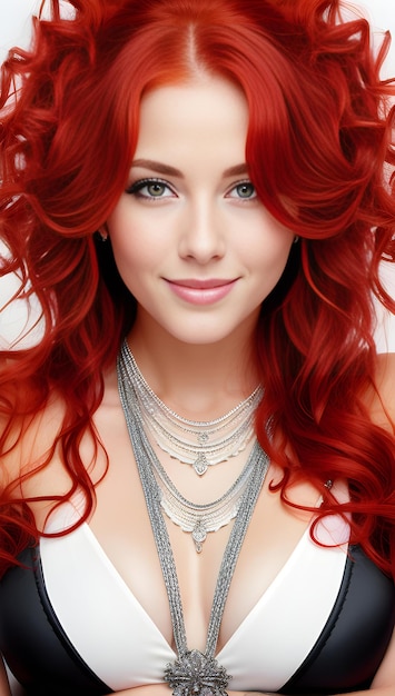 写真 beautiful young woman with long red hair and jewelry studio shot