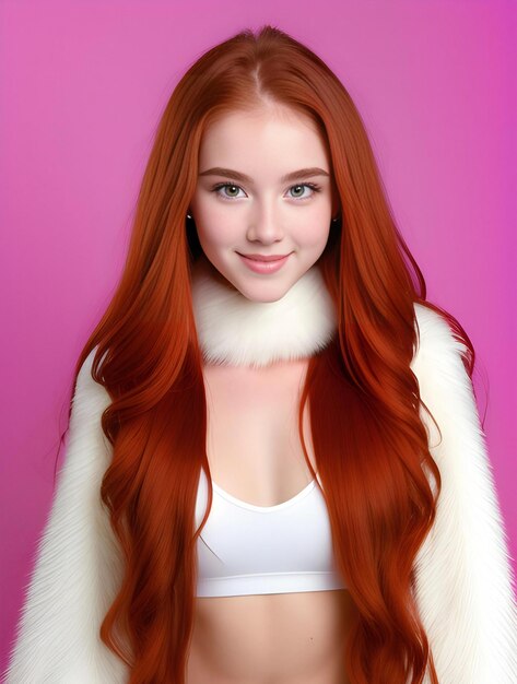 Beautiful young woman with long red hair and white fur coat