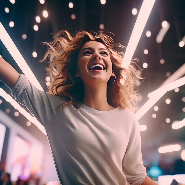 beautiful young woman with long wavy hair in stylish clothes and with a raised arms in the stud