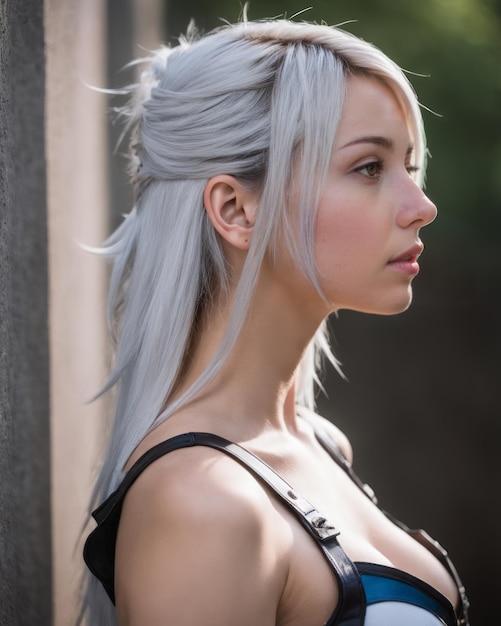 A beautiful young woman with long white hair