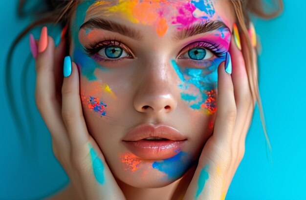 Foto una bella giovane donna con unghie multicolori che mostra la sua pelle cultura consumistica pop art