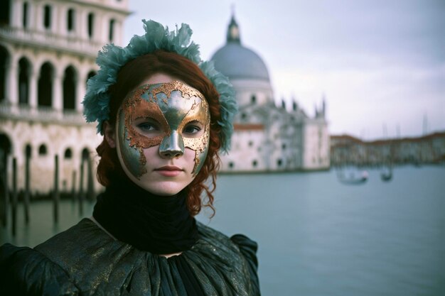 Beautiful young woman with mysterious look Venetian mask Famous carnival in Venice Italy Created with Generative AI technology