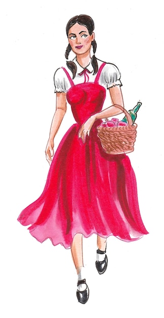 Beautiful young woman with a picnic basket. Ink and watercolor drawing