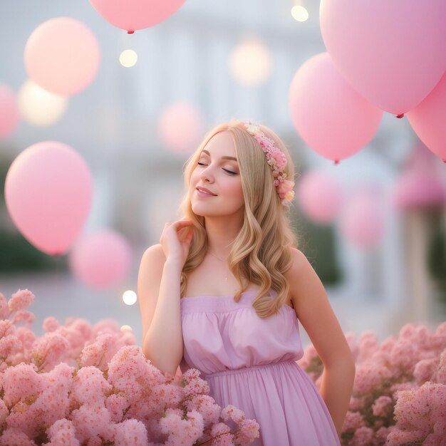 Beautiful young woman with pink balloons on the background of pink flowers