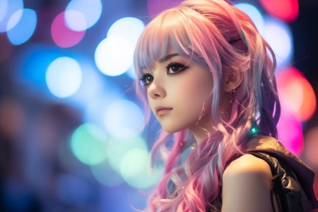 a beautiful young woman with pink hair in front of bokeh lights