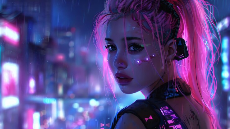 Photo ピンクのと輝く目を持つ美しい若い女性が雨の中に立っています 彼女は黒い革のジャケットと未来的なヘッドセットを着ています