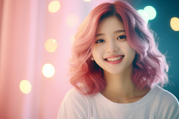 a beautiful young woman with pink hair smiling at the camera