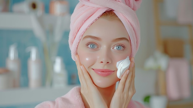 Beautiful young woman with a pink towel on her head applying cream on her face