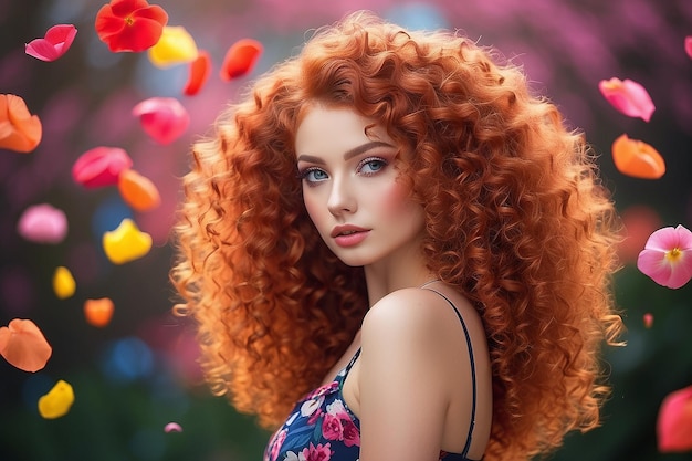 Beautiful young woman with red curly hair and colorful petals