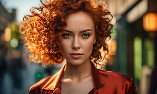 Beautiful young woman with red curly hair in a green dress in the city at night ai generative