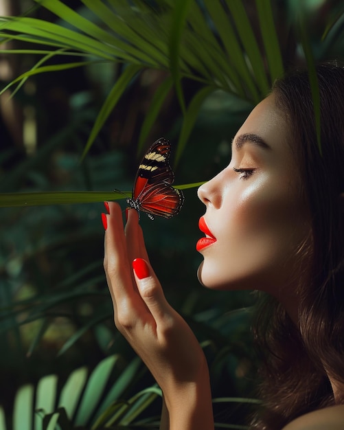 Beautiful young woman with red lips and butterfly in her hand