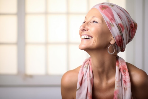 Beautiful young woman with a scarf on her head smiling and looking up