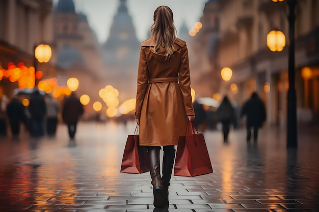 Красивая молодая женщина с сумками для покупок в городе