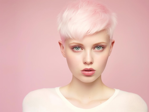 Foto bella giovane donna con i capelli corti, capelli tinti di rosa concetto di parrucchiere e trucco ai generativa