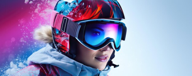 Beautiful young woman with a ski helmet and goggles on a light background generative ai