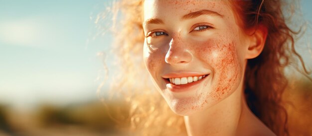 Foto bella giovane donna con infiammazioni della pelle sorridente in una giornata di sole copia spazio
