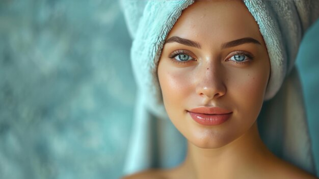 Beautiful young woman with towel close up in spa