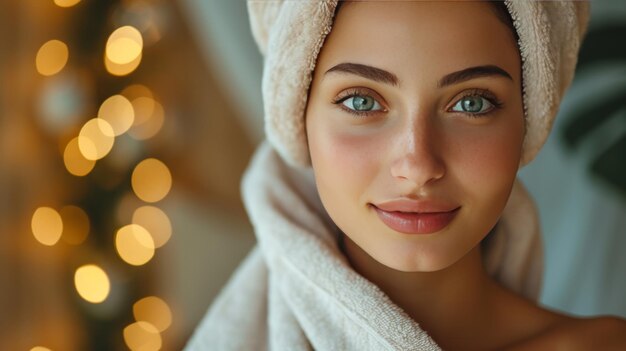 Photo beautiful young woman with towel close up in spa