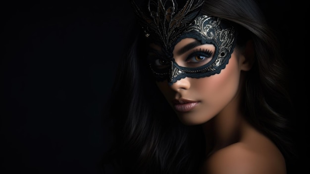 beautiful young woman with Venetian mask on black background