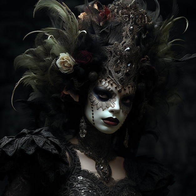 Beautiful young woman with Venetian mask over dark background