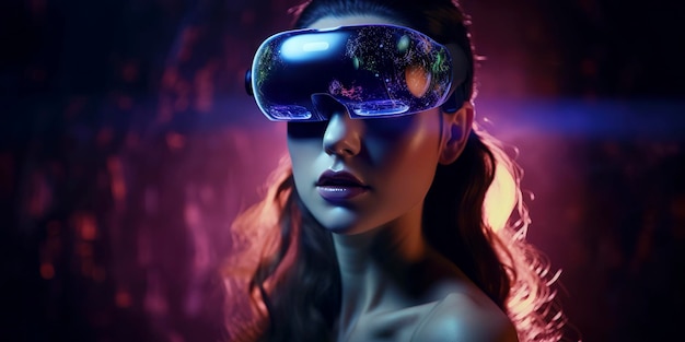 Beautiful young woman with Vr headset neon background