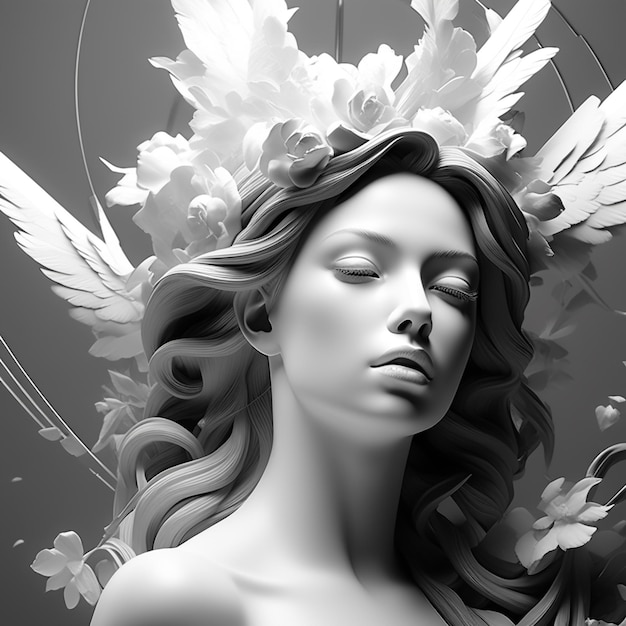 Beautiful young woman with white angel wings art statue