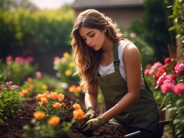 Foto una bella giovane donna che lavora come giardiniera, una ragazza che pianta fiori.