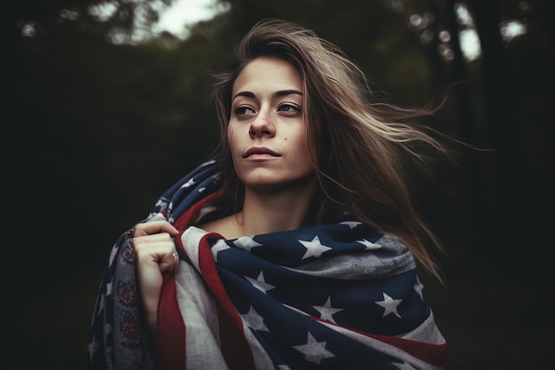 A beautiful young woman wrapped in an American flag on her neck in the field