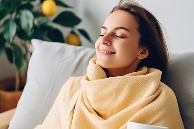 beautiful young woman wrapped in a lemon colored scarf relaxing with a cup of tea with her eyes clos