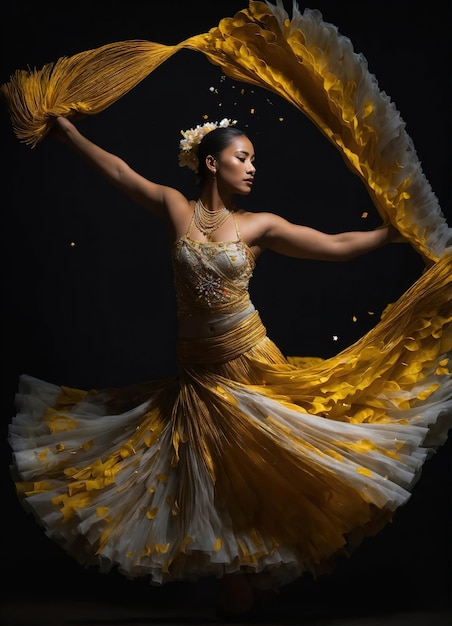 Beautiful young woman in a wreath of flowers dancing flamenco ai generative