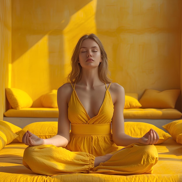 Beautiful young woman in a yellow dress meditating on a bed