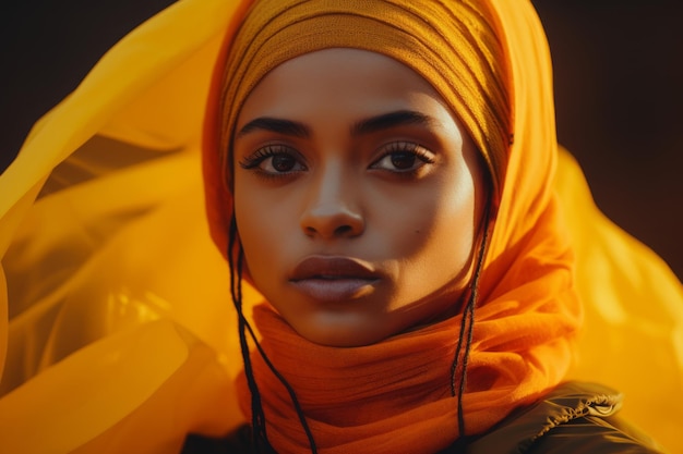 A beautiful young woman in a yellow headscarf