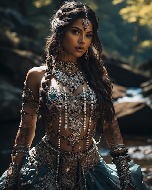 Beautiful young women as belly dancer in a jungle river landscape long hair natural light sexy