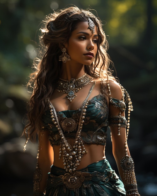 Beautiful young women as belly dancer in a jungle river landscape long hair natural light sexy