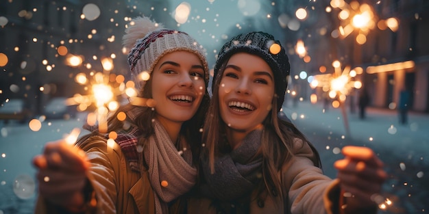 Beautiful young women enjoying Christmas or New Year night on a city street Selective focus