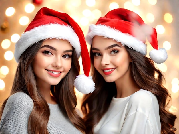 Beautiful young women in Santa hats on blurred Christmas background AI_Generated