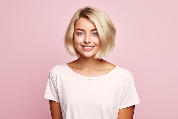 Photo beautiful young women short pink hair with white tshirt girl smiling in pink background