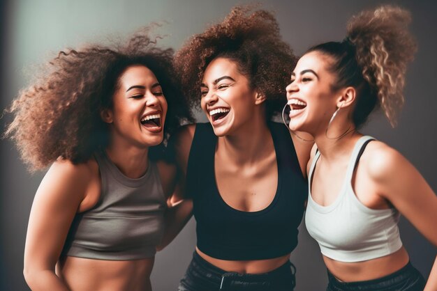 Beautiful young women in sportswear are laughing and smiling while standing against grey background Generative AI