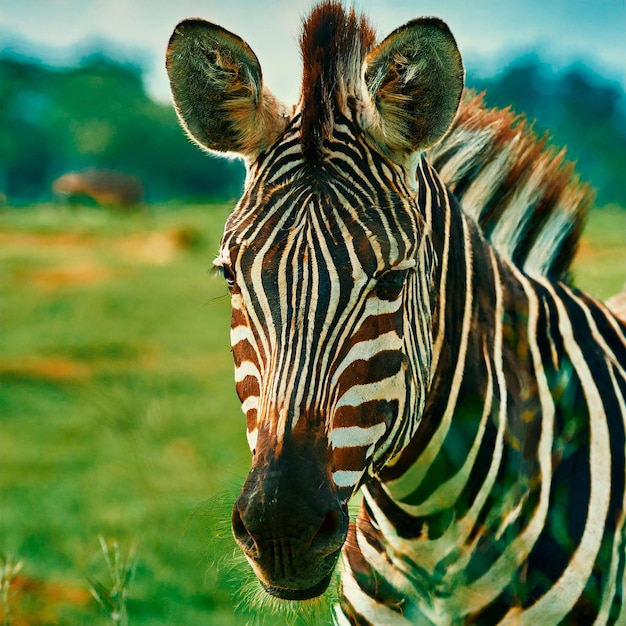Красивая зебра в крупном плане на травяном поле
