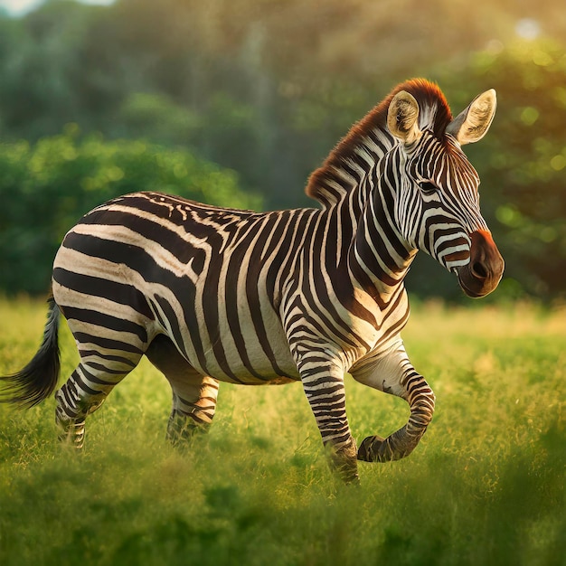 Beautiful zebra running in a grasscovered field closeup