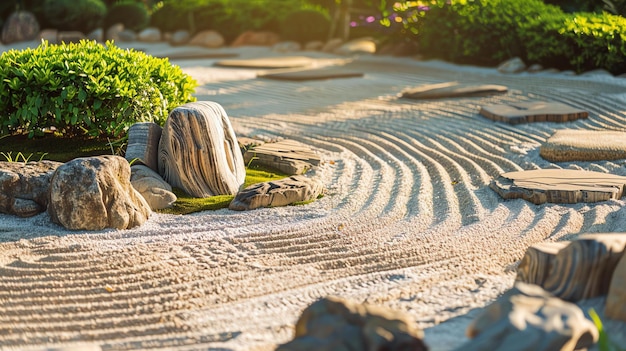 Photo a beautiful zen garden with a raked sand and stone pattern and a large rock in the center