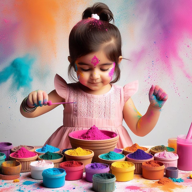 A Beautifull Baby Girl Play with Many Powder Colors On Happy Holi