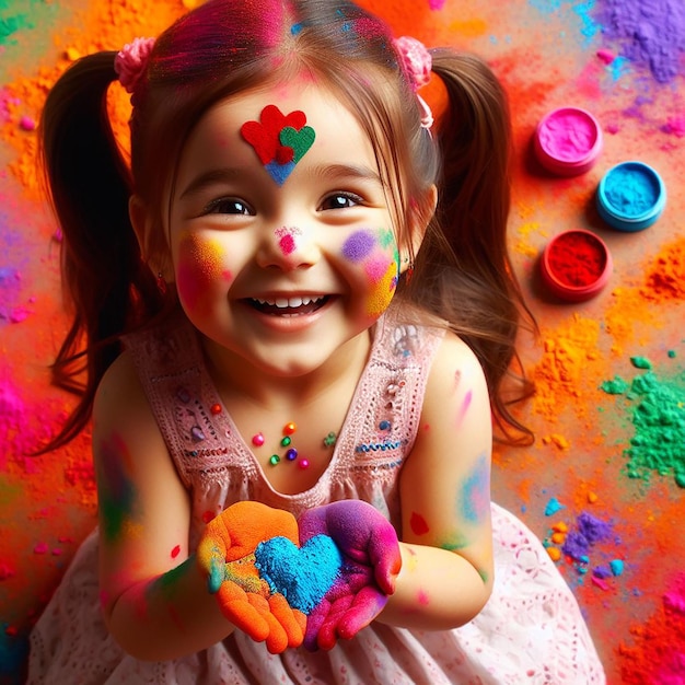 A Beautifull Baby Girl Play with Many Powder Colors On Happy Holi