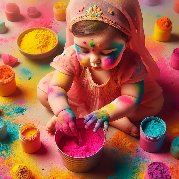 A Beautifull Baby Girl Play with Many Powder Colors On Happy Holi