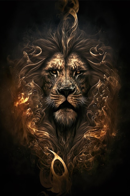 Beautifull Portrait Lion gold Abstract Poster AI illustration