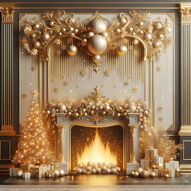 A beautifully adorned fireplace embellished with ornaments and a golden tree