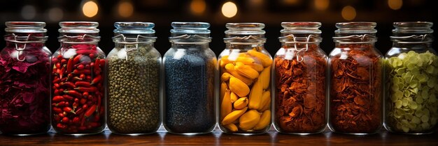 beautifully aligned different types of spices in bottles