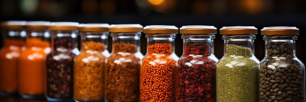 Beautifully aligned different types of spices in bottles